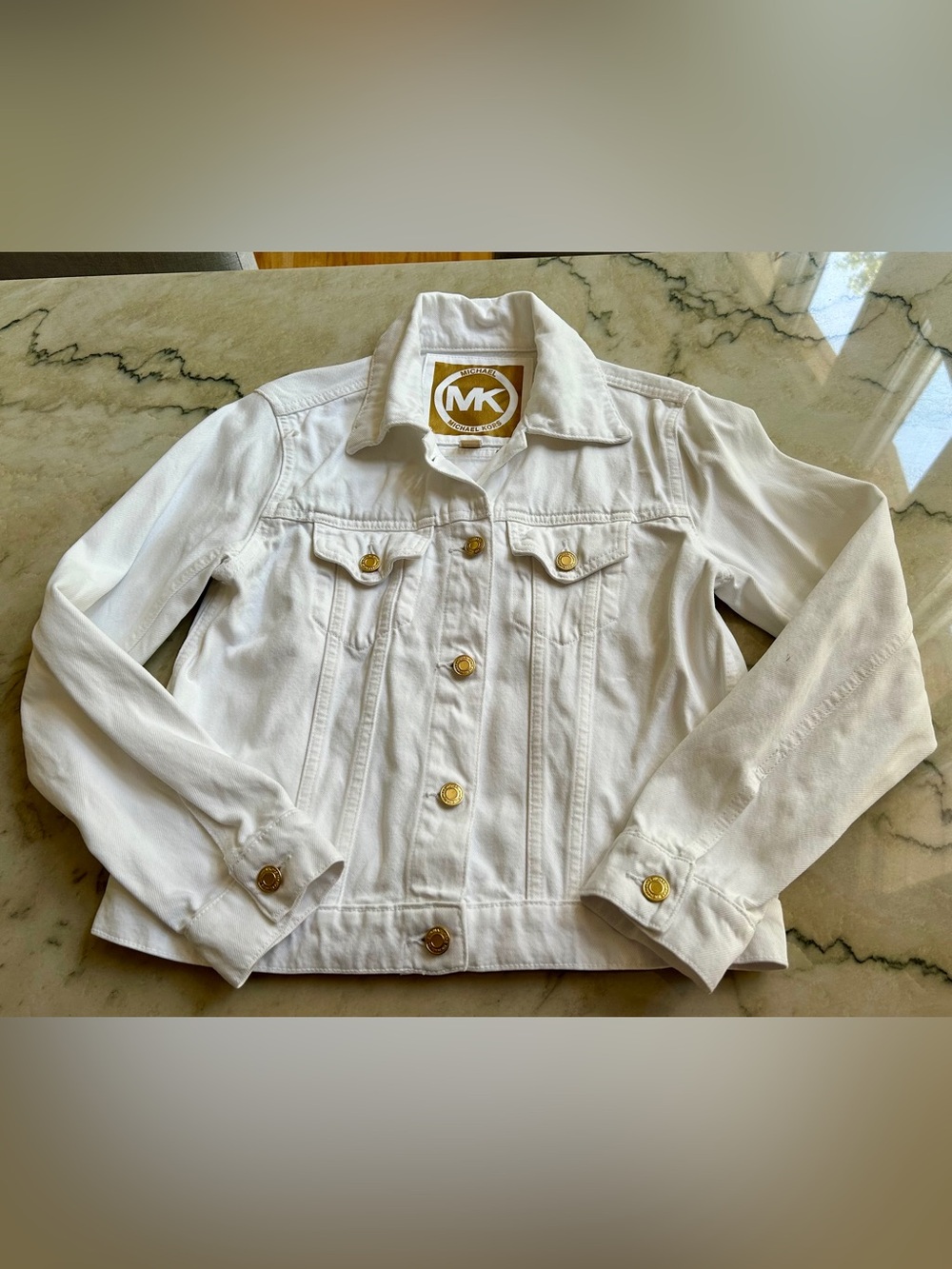 Michael Kors White Denim Trucker Jacket with Gold Hardware- S - Picture 4 of 7